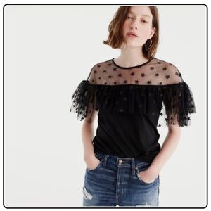 J.CREW Womens Blouse Tee Starry Tulle Black Sheer Ruffles Stars L